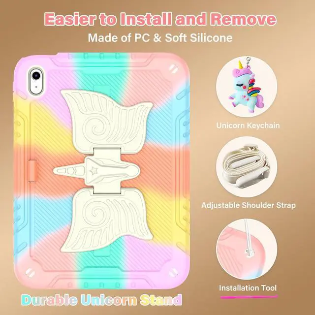 Alt view image 5 of 5 - HOGENL Case for iPad A16 11th Generation 11 Inch 2025 for Kids Girl with Pencil Holder, Cover for iPad 10th Generation 10.9 2022 Inch with Unicorn Kickstand & Strap, Heavy Duty Shockproof - Colourful