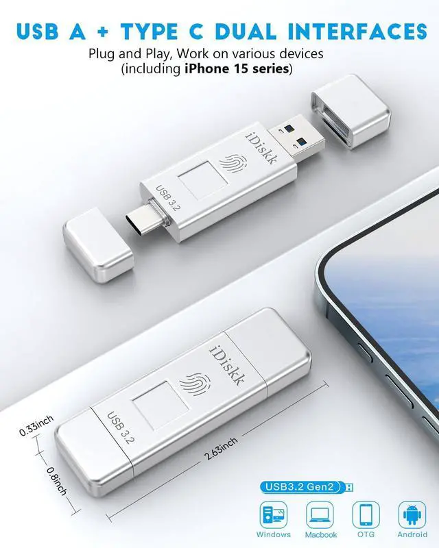 Alt view image 3 of 5 - iDiskk SSD 1TB 500MB/S Fingerprint Encryption High Speed Flash Drive Photo Stick for iPhone 15/15 Plus/15 Pro/15 Pro Max,USB C iPad, MacBook,Laptops,Android &PC,ONE-Click Backup Photos &Videos