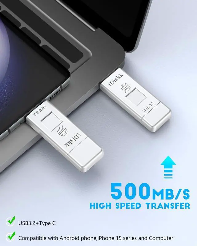 Alt view image 4 of 5 - iDiskk SSD 1TB 500MB/S Fingerprint Encryption High Speed Flash Drive Photo Stick for iPhone 15/15 Plus/15 Pro/15 Pro Max,USB C iPad, MacBook,Laptops,Android &PC,ONE-Click Backup Photos &Videos