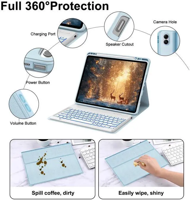 Alt view image 4 of 5 - IVEOPPE Keyboard Case for Xiaomi Redmi Pad Pro 12.1 Inch 2024/Xiaomi Poco Pad 12.1", 7 Colors Backlit, Detachable Bluetooth Wireless Keyboard Slim PU Stand Cover with Pencil Holder,Light Blue