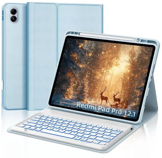 Main image of IVEOPPE Keyboard Case for Xiaomi Redmi Pad Pro 12.1 Inch 2024/Xiaomi Poco Pad 12.1", 7 Colors Backlit, Detachable Bluetooth Wireless Keyboard Slim PU Stand Cover with Pencil Holder,Light Blue