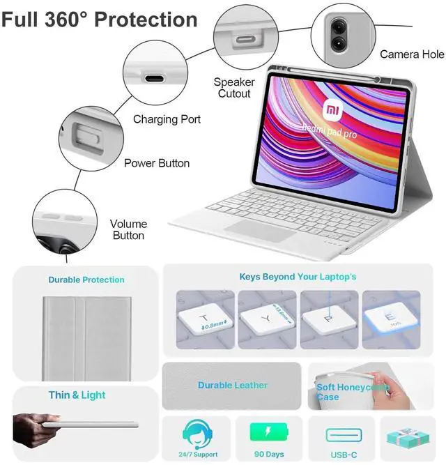 Alt view image 4 of 5 - IVEOPPE Touchpad Keyboard Case for Xiaomi Redmi Pad Pro 12.1 Inch 2024, 7 Colors Backlight Wireless Bluetooth Trackpad PU Folio Stand Cover Case with Pen Holder, Auto Sleep/Wake Up, Long Battery,Grey