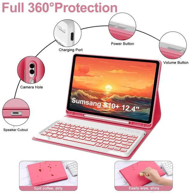 Alt view image 4 of 5 - Keyboard Case for Samsung Galaxy Tab S10+ Plus/S9+ Plus/S9 FE+ Plus/S8+ Plus/S7+ Plus/S7 FE 12.4 inch, Magnetic Detachable Bluetooth Wireless Keyboard, Slim Stand Cover Case with S Pen Holder, Red