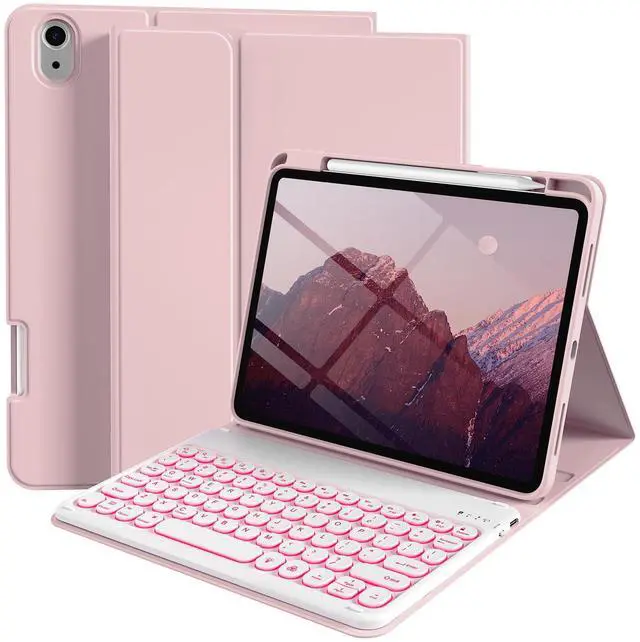 Main image of kenke for iPad 11/10th Gen Case with Keyboard 11/10.9 inch 2025 A16/2022, Detachable Wireless Bluetooth Keyboard Case with Right Side Pencil Holder, Backlit White Circular Keycaps (Light Pink
