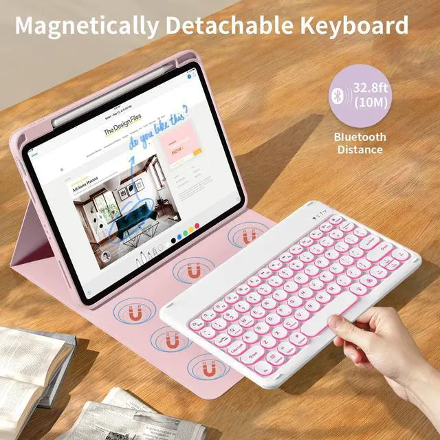 Alt view image 3 of 5 - kenke for iPad 11/10th Gen Case with Keyboard 11/10.9 inch 2025 A16/2022, Detachable Wireless Bluetooth Keyboard Case with Right Side Pencil Holder, Backlit White Circular Keycaps (Light Pink
