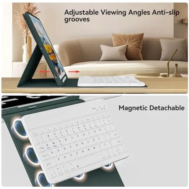 Alt view image 2 of 5 - KVTVOU Keyboard Case for iPad 9th/8th/7th Generation (10.2 Inch, 2021/2020/2019), Smart Magnetic Detachable Wireless Bluetooth Keyboard, Folio Stand Cover with Pencil Holder, Dark Green