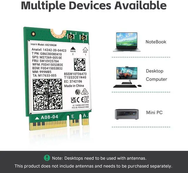 Alt view image 5 of 5 - LANYAO WiFi 6E AX210 NGW Wireless Card M.2 2230/NGFF WiFi 6E Laptop Module with Bluetooth 5.3, 5400Mbps Tri-Band AX210 WiFi Chip Adapter, Ultra-Low Latency, Supports Windows 11/10 (64bit only)