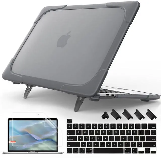 Main image of Mektron for MacBook Pro 13 inch Case 2022 2021 2020 Release M1 M2 A2338 A2289 A2251, Heavy Duty Slim Hard Shell Dual Layer Protective Cover with Fold Kickstand for MacBook Pro 13 Touch bar, Gray