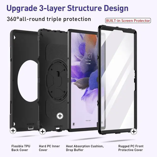 Alt view image 5 of 5 - Case for Galaxy Tab S7 FE/S7 Plus/S8 Plus 12.4 INCH: TPU Protective Cover for Samsung Tablet S7 FE/S7 Plus/S8 Plus 12.4 with Screen Protector-Stand- Handle + Shoulder Strap-S-Pen Holder- Black