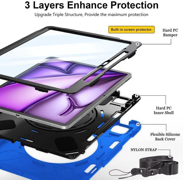 Alt view image 5 of 5 - Case for iPad Air 13 Inch M3/M2 (2025/2024): Silicone Shockproof Case with Screen Protector - Stand - Handle - Shoulder Strap - Pen Holder- Blue