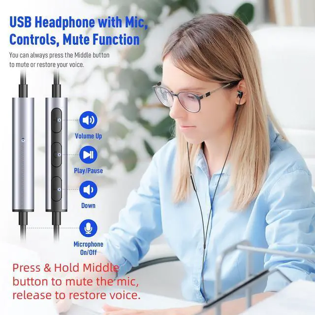 Alt view image 4 of 5 - 2 Pack USB Earbuds for PC Laptop Mignetic Wired Earphone Computer Headphone with Microphone Control Mute Mic Noise Canceling in-Ear Silicone Cap Corded Headset for MacBook Pro Office Work School Zoom