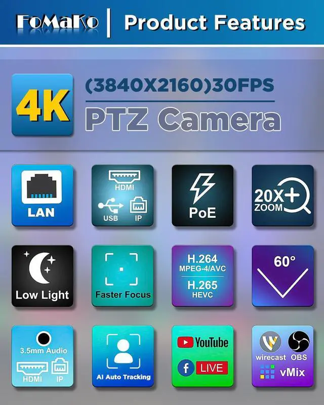 Alt view image 5 of 5 - FoMaKo 4K PTZ Camera HDMI, AI Auto-Tracking Gen 3, 20X Optical Zoom, USB3.0 LAN HDMI PTZ Camera 4K for Church Worship Education Conference Events, K20UH