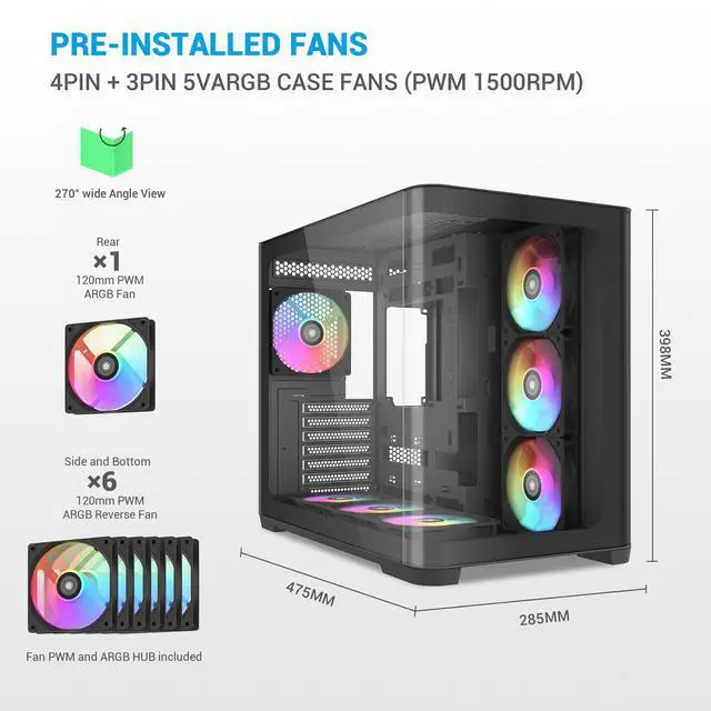 Alt view image 2 of 5 - SAMA V60 Mid Tower PC Case, Curved Tempered Glass Panel, 7×120mm ARGB PWM Fans with Fan Hub, USB Type-C, High Airflow ATX PC Case for Case PC Gaming, Back-Connect Ready, 360mm AIO Support  Black