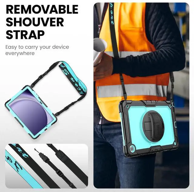 Alt view image 5 of 5 - Timecity for Samsung Galaxy Tab A9 Plus Case 11 inch 2024 (SM-X210/X216/X218), Shockproof Sturdy Protection Case with Screen Protector, 360° Rotating Stand, Handle/Shoulder Strap- Light Blue