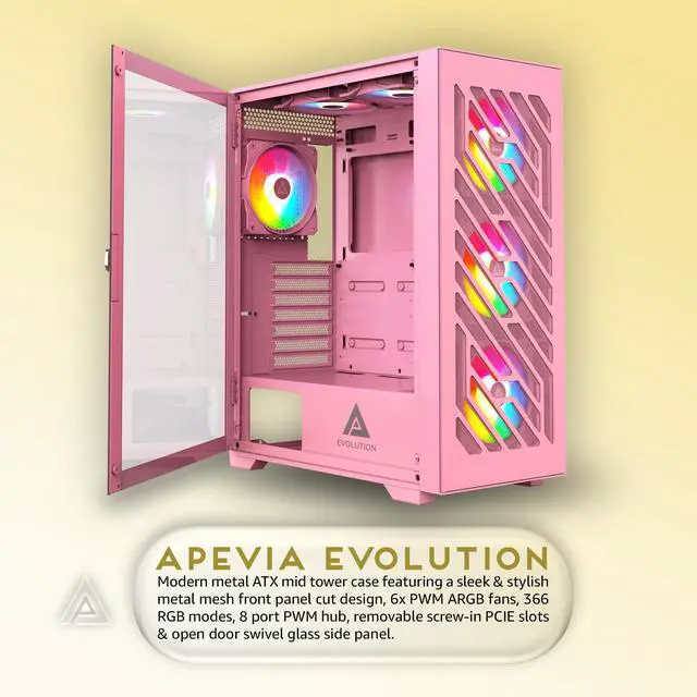 Alt view image 2 of 4 - Apevia Evolution-PK Evolution Mid Tower Gaming PC Case w/ 6X 120mm PWM ARGB Fans, 366 RGB Light Modes, 1x Metal Plate Mesh Front Panel, 1x Door Swivel Style Magnetic Glass Side Panel, 2X USB3.0, Pink