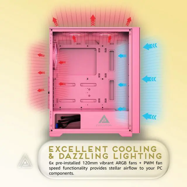 Alt view image 3 of 4 - Apevia Evolution-PK Evolution Mid Tower Gaming PC Case w/ 6X 120mm PWM ARGB Fans, 366 RGB Light Modes, 1x Metal Plate Mesh Front Panel, 1x Door Swivel Style Magnetic Glass Side Panel, 2X USB3.0, Pink