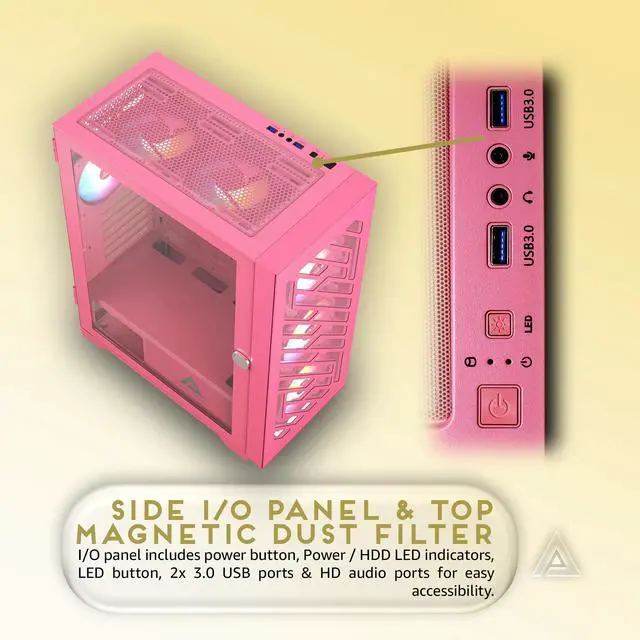 Alt view image 4 of 4 - Apevia Evolution-PK Evolution Mid Tower Gaming PC Case w/ 6X 120mm PWM ARGB Fans, 366 RGB Light Modes, 1x Metal Plate Mesh Front Panel, 1x Door Swivel Style Magnetic Glass Side Panel, 2X USB3.0, Pink