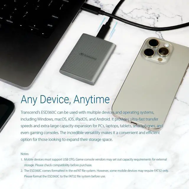 Alt view image 5 of 5 - Transcend 2TB External SSD, USB 3.2 Gen 2 (20Gbps), Up to 2,000MB/s, Portable SSD with 2-in-1 USB-C Cable, for Steam Deck, ROG Ally, MSI Claw, Windows&Mac, iPhone, iPad, Android, PS5, Xbox, Smart TV