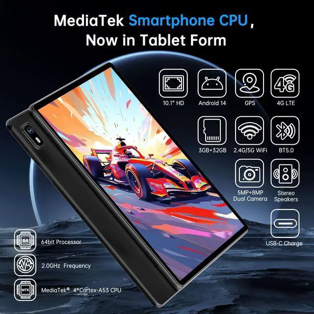 Alt view image 2 of 5 - Android 14 Tablet with Sim Card Slot Unlocked Cellular Tablets 10GB+32GB with Protective Case 10 inch Tablet with GPS 2.0GHz Processor 8MP Camera and 1TB TF Expandable 2.4G/5G WiFi BT5.0