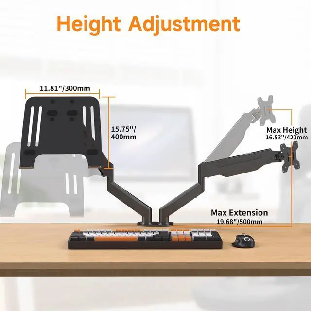 Alt view image 4 of 5 - suptek Monitor Laptop Mount Stand,Adjustable Dual Monitor Arms Desk Mount for 11"-17" Notebook and 17"-32" Monitor,2 in 1 Function Monitor Mount with Laptop Tray,Holds up to 22lbs