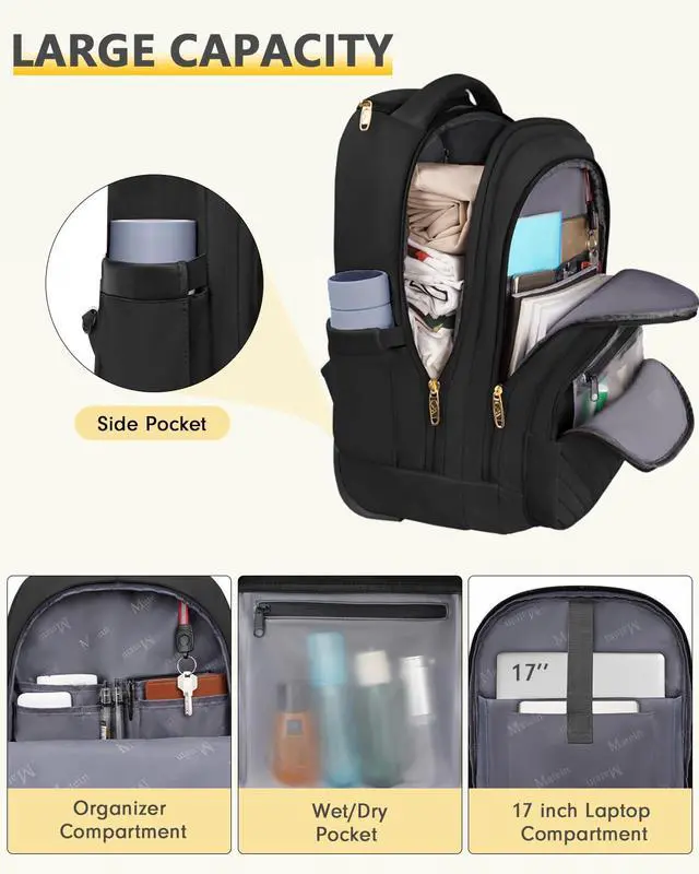 Alt view image 3 of 5 - MATEIN Rolling Backpack for Women, 17 inch Water Resistant Wheeled Laptop Backpack, Large Carry On Luggage Travel Backpack with Wheels, Trolley Suitcase Business Overnight Roller Bag for Adults, Black