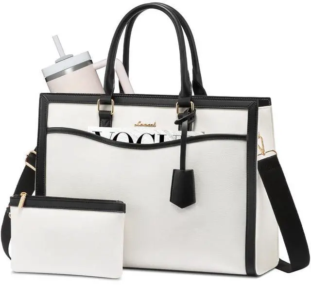 Main image of LOVEVOOK Laptop Tote Bag for Women, 15.6 inch Lightweight Canvas Office Work Bag Briefcase, Large Capacity Teacher Computer Bag Handbag for Travel Business,2pcs Set Canvas/White-Black