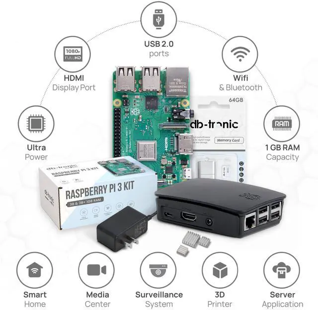 Alt view image 3 of 5 - Raspberry Pi 3 B Starter Kit | Power Supply | Case | 64GB Edition | HDMI Cable 1m | USB Card Reader | Heat Sink | Raspberry Pi 3 B 1GB RAM