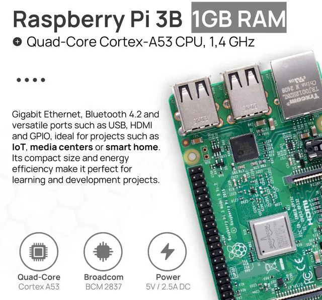 Alt view image 5 of 5 - Raspberry Pi 3 B Starter Kit | Power Supply | Case | 64GB Edition | HDMI Cable 1m | USB Card Reader | Heat Sink | Raspberry Pi 3 B 1GB RAM