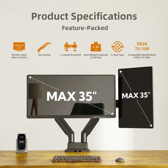 Alt view image 2 of 5 - Claiks Dual Monitor Mount for Max 35 inch Screens Stand up to Max 89 lbs, Ergonomic Gas Spring Heavy-Duty Adjustable Monitor Arm, with Clamp and Grommet Base, VESA Mounting Holes 75&100mm, Black