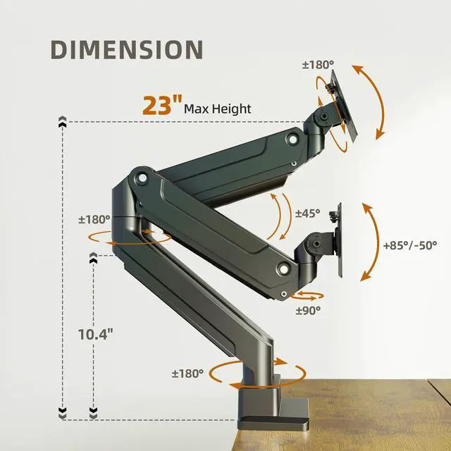 Alt view image 4 of 5 - Claiks Dual Monitor Mount for Max 35 inch Screens Stand up to Max 89 lbs, Ergonomic Gas Spring Heavy-Duty Adjustable Monitor Arm, with Clamp and Grommet Base, VESA Mounting Holes 75&100mm, Black
