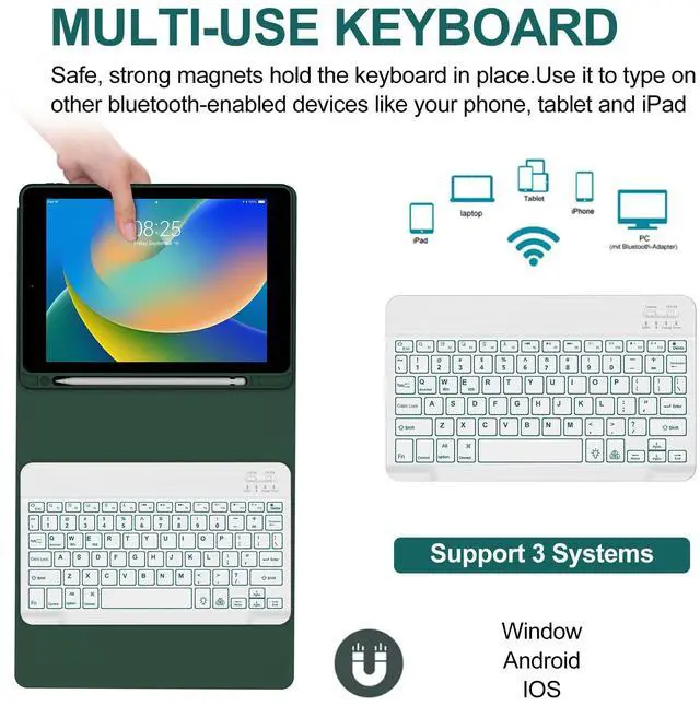 Alt view image 4 of 5 - BORIYUAN iPad 9th 2021/8th/7th Generation Keyboard Case, 7 Colors Backlit Detachable Keyboard Slim Folio Smart Cover for iPad 10.2"/iPad Air 10.5"(3rd Gen)/iPad Pro 10.5" with Pencil Holder  Green