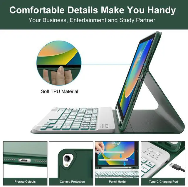 Alt view image 5 of 5 - BORIYUAN iPad 9th 2021/8th/7th Generation Keyboard Case, 7 Colors Backlit Detachable Keyboard Slim Folio Smart Cover for iPad 10.2"/iPad Air 10.5"(3rd Gen)/iPad Pro 10.5" with Pencil Holder  Green
