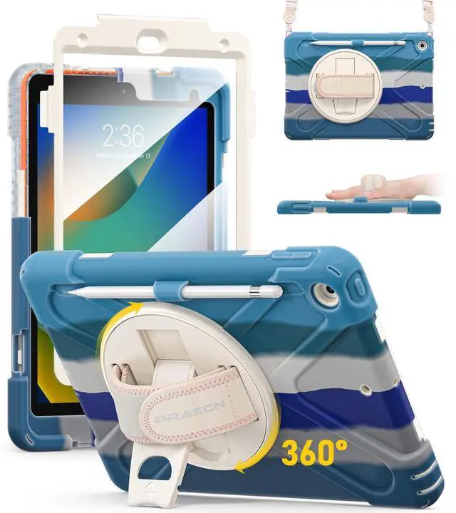 Main image of BRAECN Case for ipad 9th/8th/7th Generation 10.2'' Heavy Duty Screen Protector 360° Rotating Stand Handle Pencil Holder Shockproof Drop Protection Shoulder/Hand Strap Durable Kids-Friendly