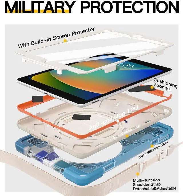 Alt view image 4 of 5 - BRAECN Case for ipad 9th/8th/7th Generation 10.2'' Heavy Duty Screen Protector 360° Rotating Stand Handle Pencil Holder Shockproof Drop Protection Shoulder/Hand Strap Durable Kids-Friendly