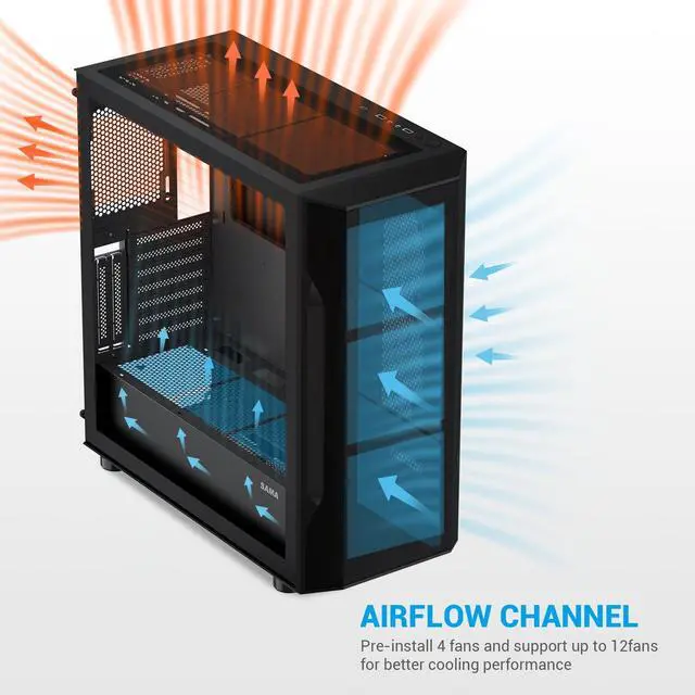 Alt view image 4 of 5 - SAMA S40 Mid Tower ATX PC Case  High-Airflow Mesh Design, 4x120mm ARGB PWM Fans, Tempered Glass Panel, USB-C, RTX 4090 Ready Gaming Case (Black)