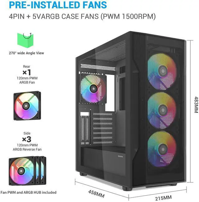 Alt view image 2 of 5 - SAMA S40 Mid Tower ATX PC Case  High-Airflow Mesh Design, 4x120mm ARGB PWM Fans, Tempered Glass Panel, USB-C, RTX 4090 Ready Gaming Case (Black)