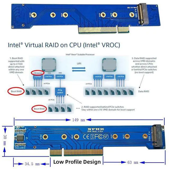 Alt view image 4 of 5 - Xiwai Dual 2X NVME M.2 SSD to PCIE Express Gen4 X8 X16 Raid Controller Card Low Profile VROC Raid0 Hyper Adapter