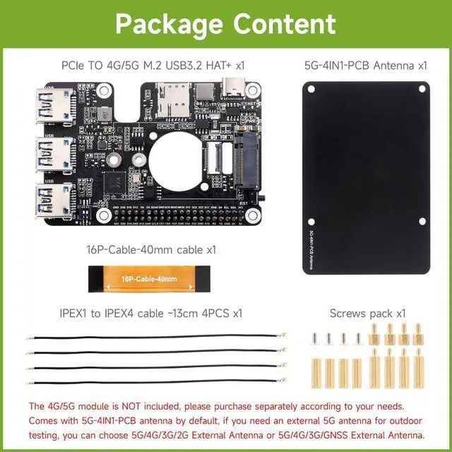 Alt view image 2 of 5 - Waveshare PCIe to M.2 4G/5G and USB 3.2 HAT, Compatible with Raspberry Pi 5 Cellular Modem and SIMCom/Quectel 4G/5G LTE Modules, Comes with 5G-4IN1-PCB Antenna, High-Speed Networking