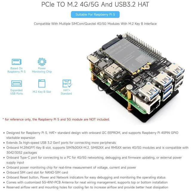 Alt view image 3 of 5 - Waveshare PCIe to M.2 4G/5G and USB 3.2 HAT, Compatible with Raspberry Pi 5 Cellular Modem and SIMCom/Quectel 4G/5G LTE Modules, Comes with 5G-4IN1-PCB Antenna, High-Speed Networking