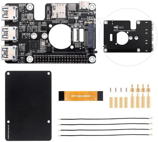 Main image of Waveshare PCIe to M.2 4G/5G and USB 3.2 HAT, Compatible with Raspberry Pi 5 Cellular Modem and SIMCom/Quectel 4G/5G LTE Modules, Comes with 5G-4IN1-PCB Antenna, High-Speed Networking