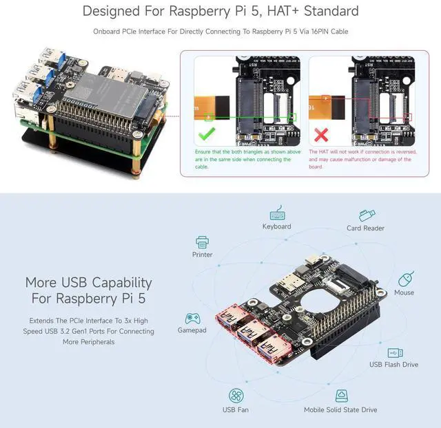 Alt view image 4 of 5 - Waveshare PCIe to M.2 4G/5G and USB 3.2 HAT, Compatible with Raspberry Pi 5 Cellular Modem and SIMCom/Quectel 4G/5G LTE Modules, Comes with 5G-4IN1-PCB Antenna, High-Speed Networking
