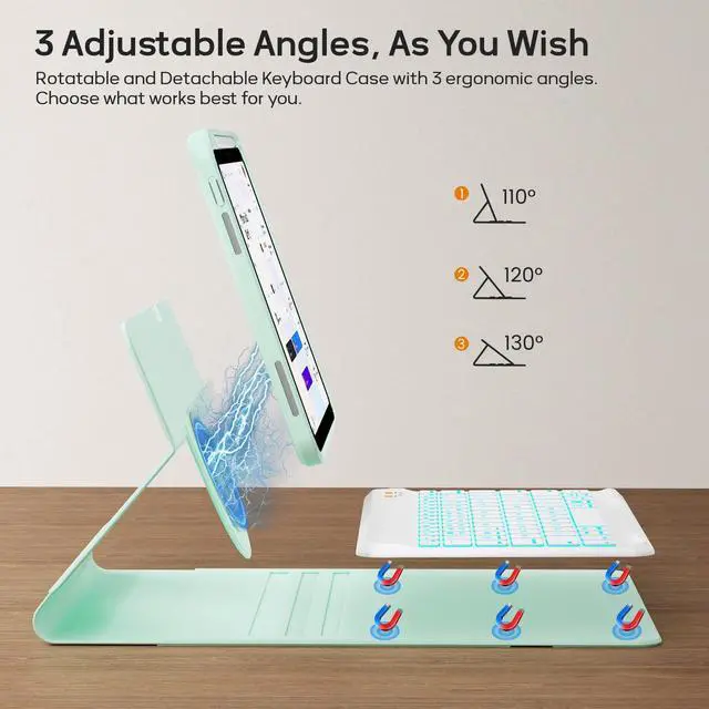 Alt view image 3 of 4 - BLUTLOTUS Keyboard Case for 9th Generation for iPad 10.2'' 360° Rotatable Magnetic Keyboard Case with Pencil Holder Groove Design, 7 Color Backlit Wireless Detachable Keyboard(Mint Green)