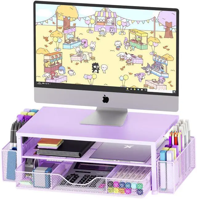 Main image of OPNICE Desk Organizers and Accessories, 2-Tier Computer Monitor Stand for Desk Organizer with Drawer and 2 Pen Holders, Office Desk Accessories Workspace Desktop Organizers for Office Supplies, Purple