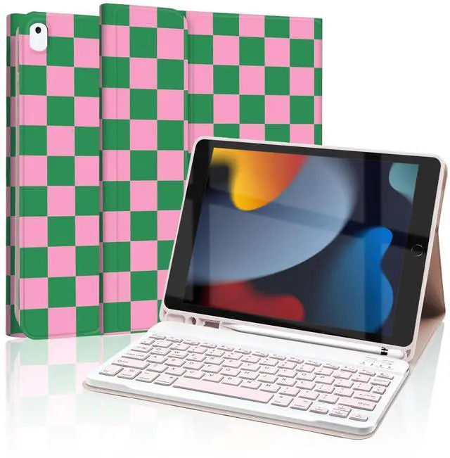Main image of Mewealth Keyboard Case for iPad 9th / 8th / 7th Generation 10.2 Inch with Pencil Holder, Detachable Keyboard Cover for iPad Pro 10.5" / iPad Air 3rd, Checkered Plaid Green-Pink