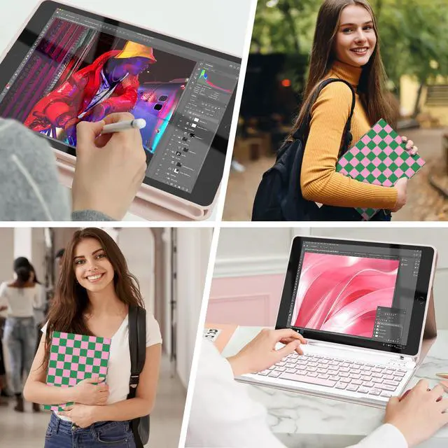Alt view image 5 of 5 - Mewealth Keyboard Case for iPad 9th / 8th / 7th Generation 10.2 Inch with Pencil Holder, Detachable Keyboard Cover for iPad Pro 10.5" / iPad Air 3rd, Checkered Plaid Green-Pink