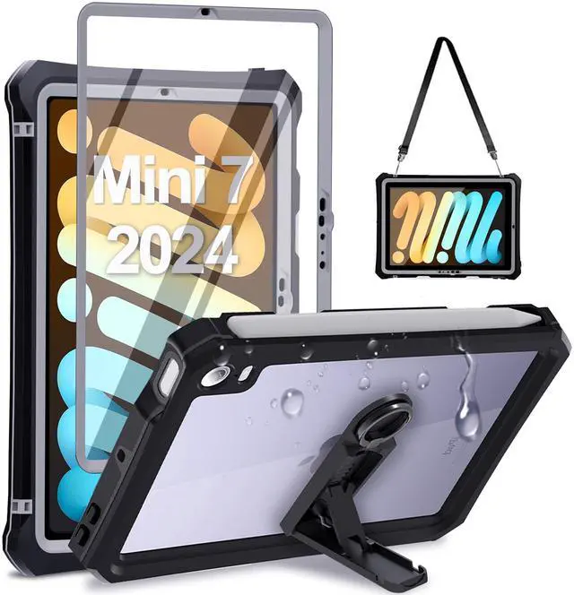 Main image of for iPad Mini 6/7 Case 2021/2024 - Waterproof Case with Built-in Screen Protector - Full Protection Shockproof Cover with Strap Stand Pencil Holder Kickstand, Black