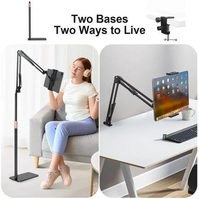 Alt view image 2 of 5 - IceFun Tablet Floor Stand with Two Bases, Adjustable Universal Metal Tablet Stand Holder Supports Both Floor and Desktop UseCompatible with iPad/iPhone/Kindle or Other 4.7~13Devices
