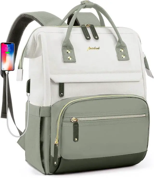 Main image of Laptop Backpack Women Work Bag: 15.6 inch Work Bookbag with USB Charging Port Large Travel Backpack Purse for College Nurse Casual Daypack for Teacher Professional Computer Backpack Beige Light Green