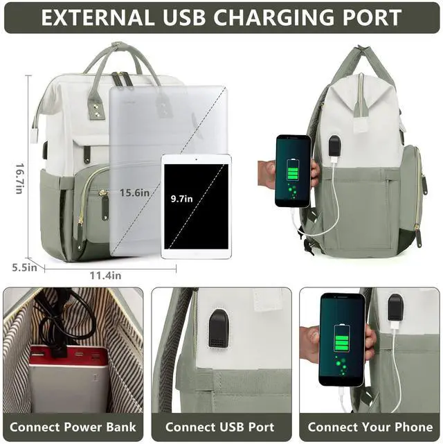 Alt view image 5 of 5 - Laptop Backpack Women Work Bag: 15.6 inch Work Bookbag with USB Charging Port Large Travel Backpack Purse for College Nurse Casual Daypack for Teacher Professional Computer Backpack Beige Light Green