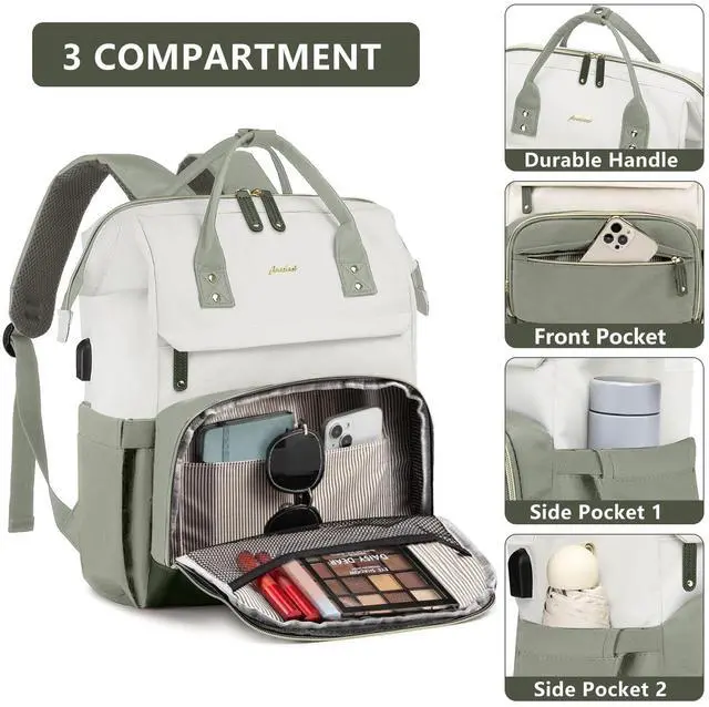 Alt view image 3 of 5 - Laptop Backpack Women Work Bag: 15.6 inch Work Bookbag with USB Charging Port Large Travel Backpack Purse for College Nurse Casual Daypack for Teacher Professional Computer Backpack Beige Light Green